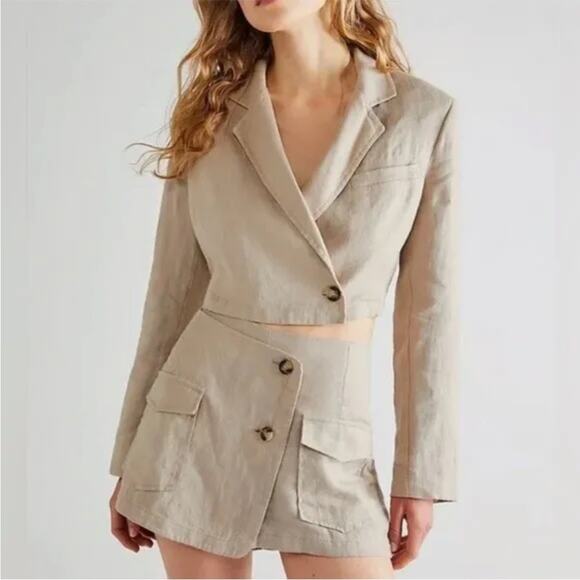Free People 100% Linen Slice Of Action 3 Piece Skort Set Suit Cropped Tan 12 - Picture 1 of 16